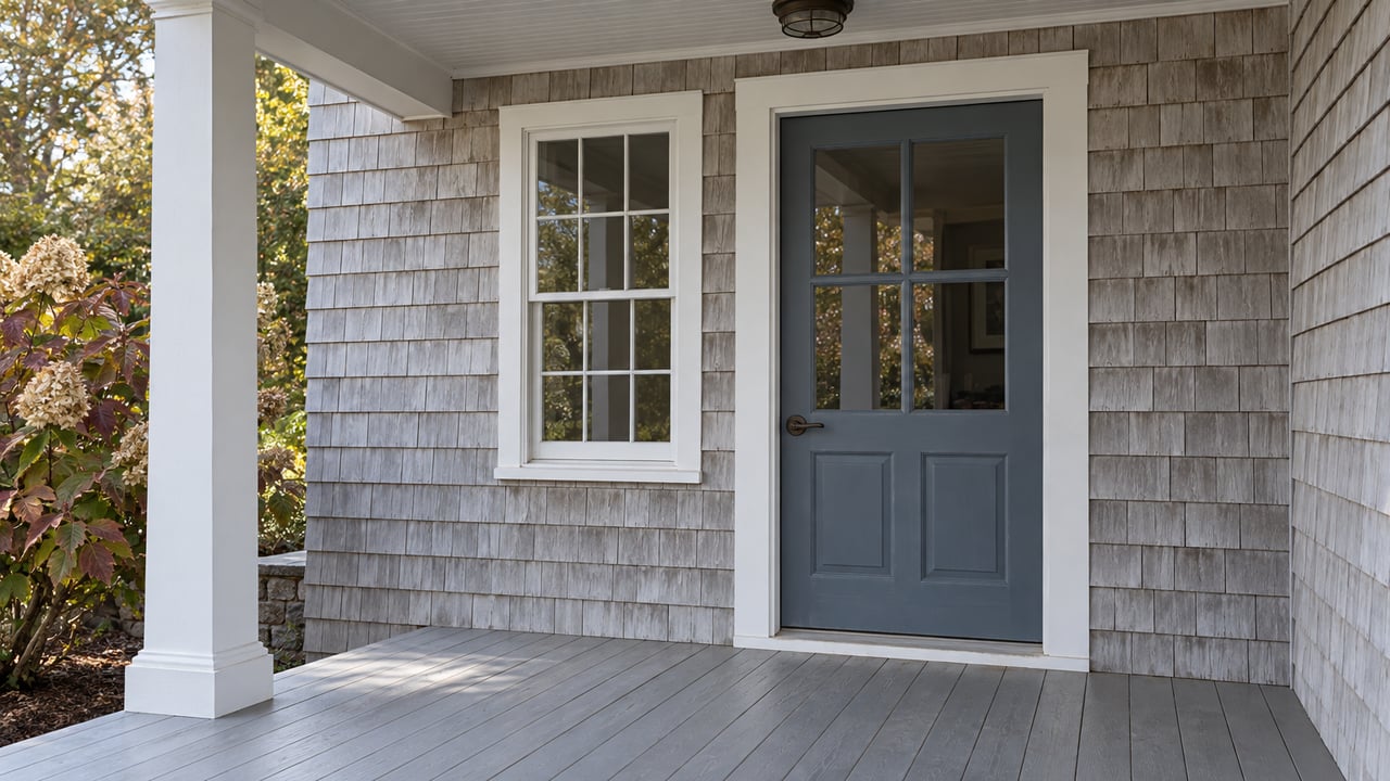 Close view of a shingle-clad home's covered porch, slate-blue glazed entry door and autumn oakleaf hydrangea.