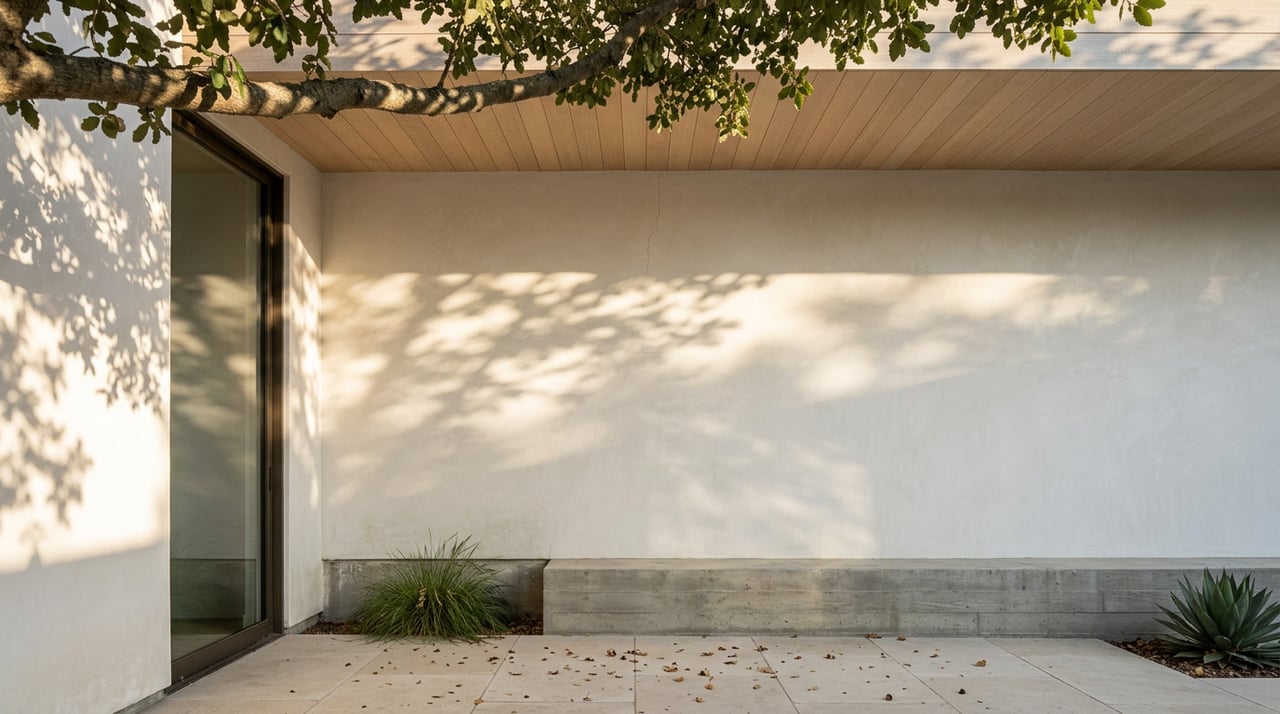 Close-up of a plaster house corner with oak soffit, bronze-framed glass, limestone paving, and scattered oak leaves.