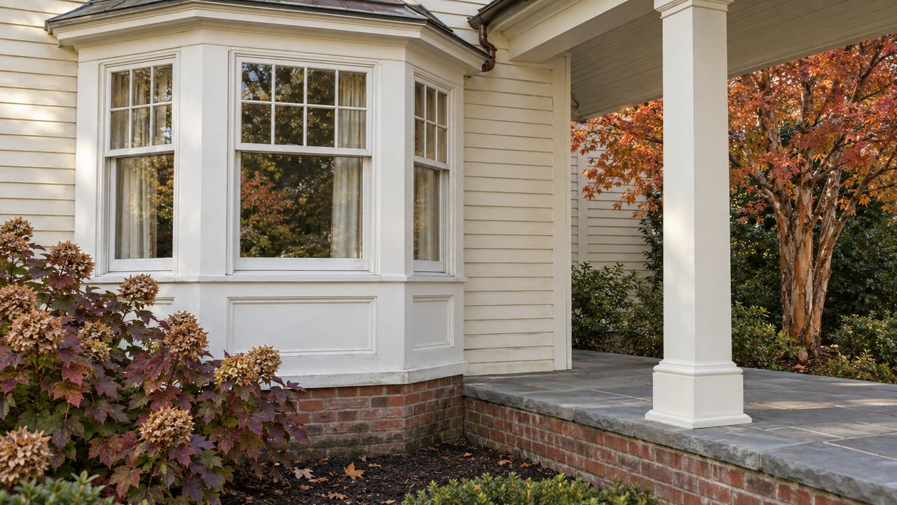 Ivory clapboard home with a white-trimmed bay window, bluestone porch and autumn planting.