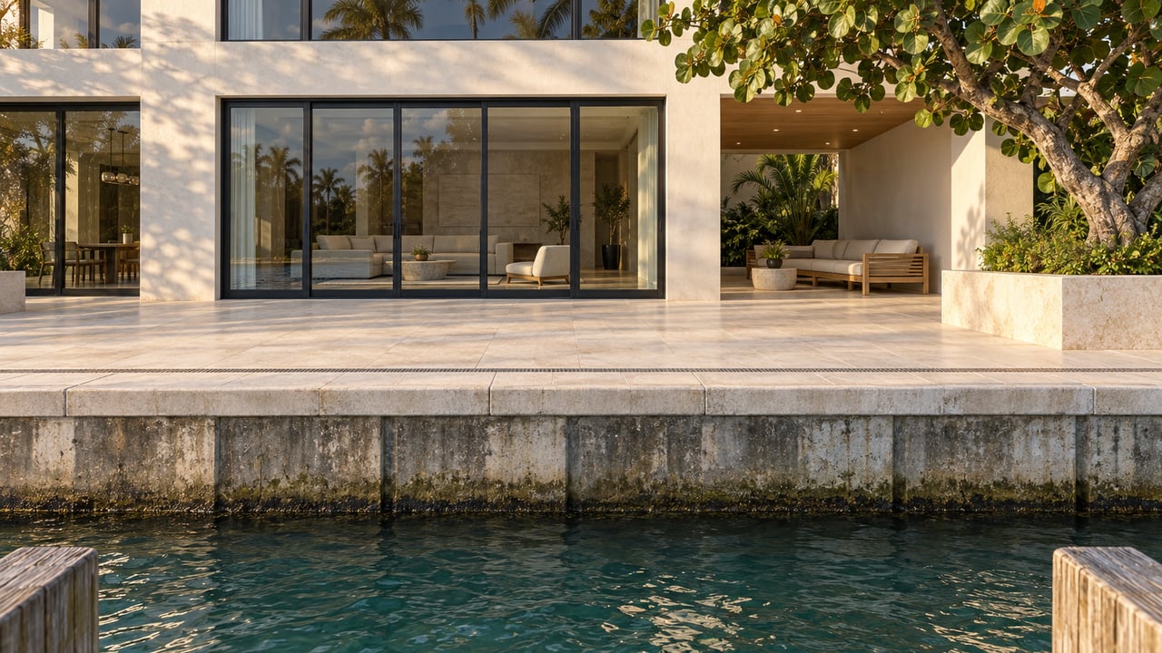 Waterfront residence with black-framed glass doors, a limestone terrace, raised planter, and stained seawall above turquoise water.