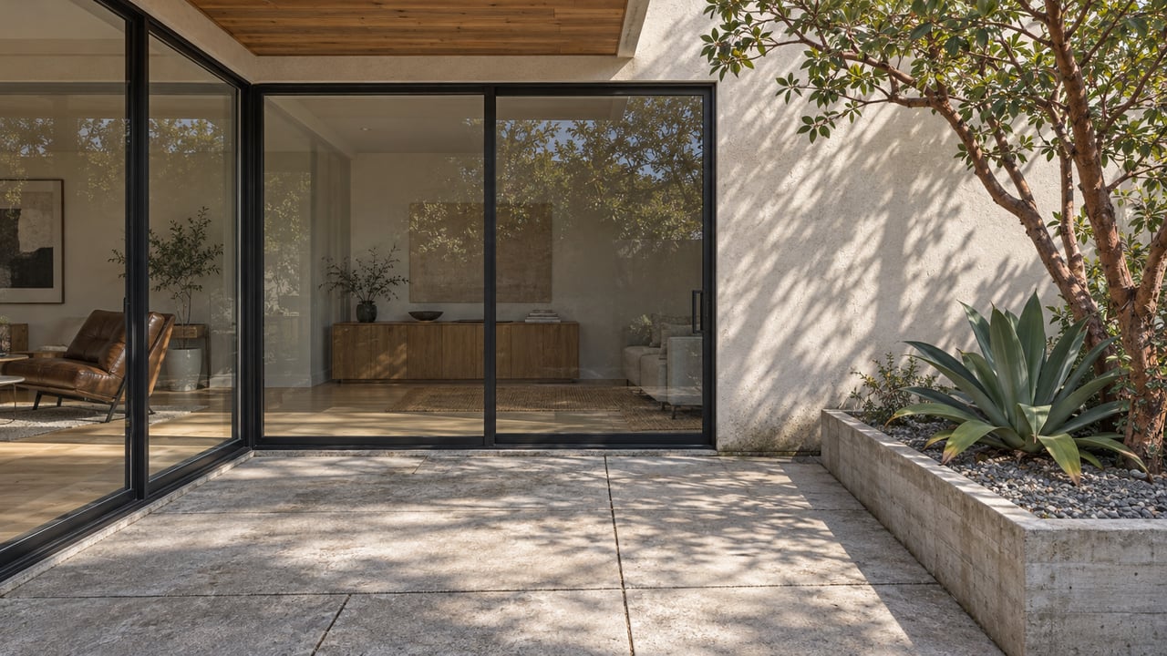 Sunlit modern courtyard with pale stucco, cedar soffit, black-framed glass and a raised concrete planter holding an agave and a branching strawberry tree.