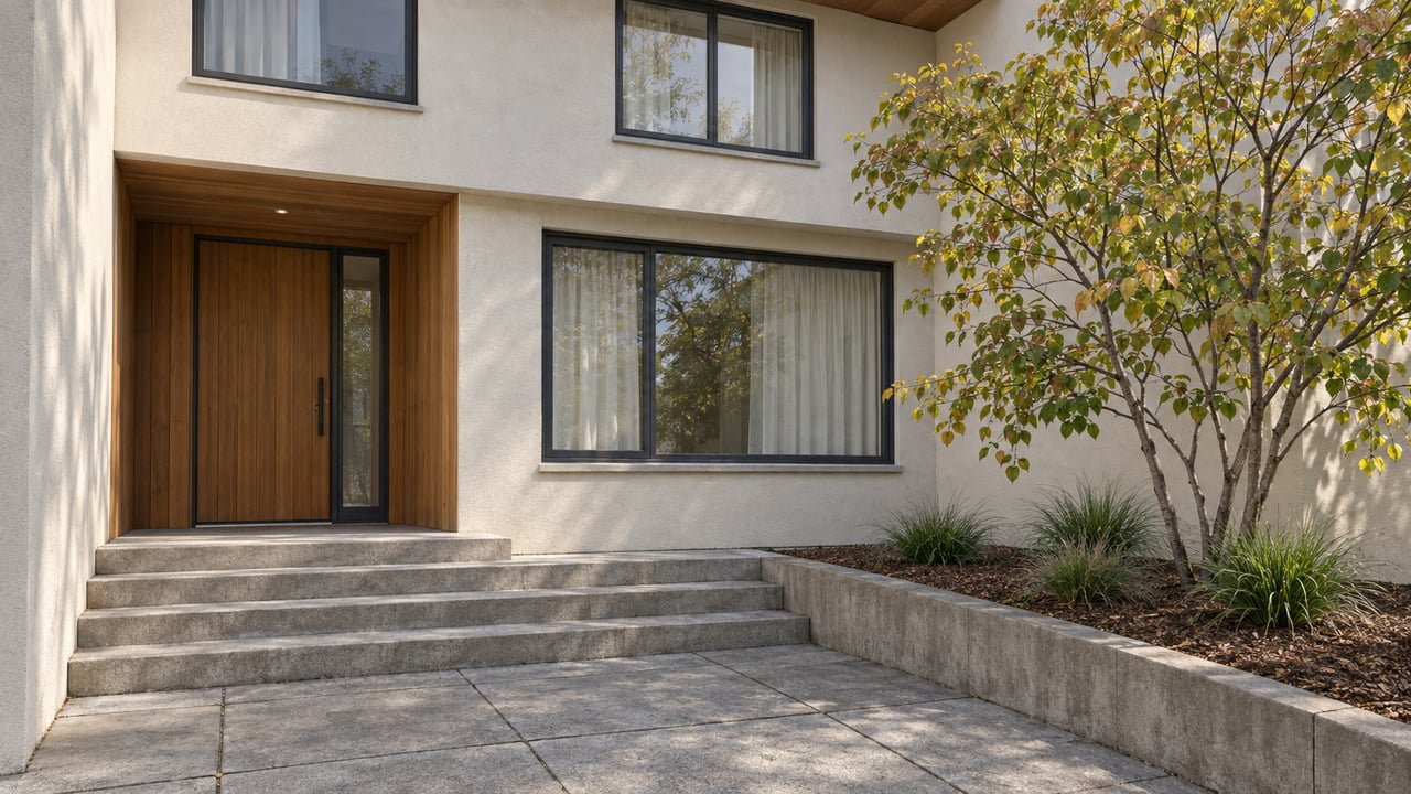 A cedar-lined entrance and glazed windows face a concrete courtyard beside a small western redbud tree.