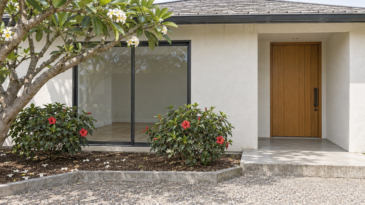 Off-white stucco home with a timber entry door, glass slider, Plumeria tree, and hibiscus shrubs.