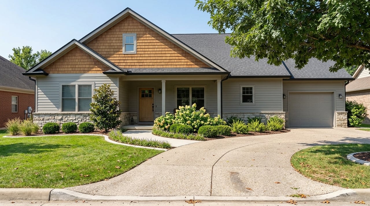 Gray suburban house with a honey-brown gable, covered entry, curving driveway, and mature trees.
