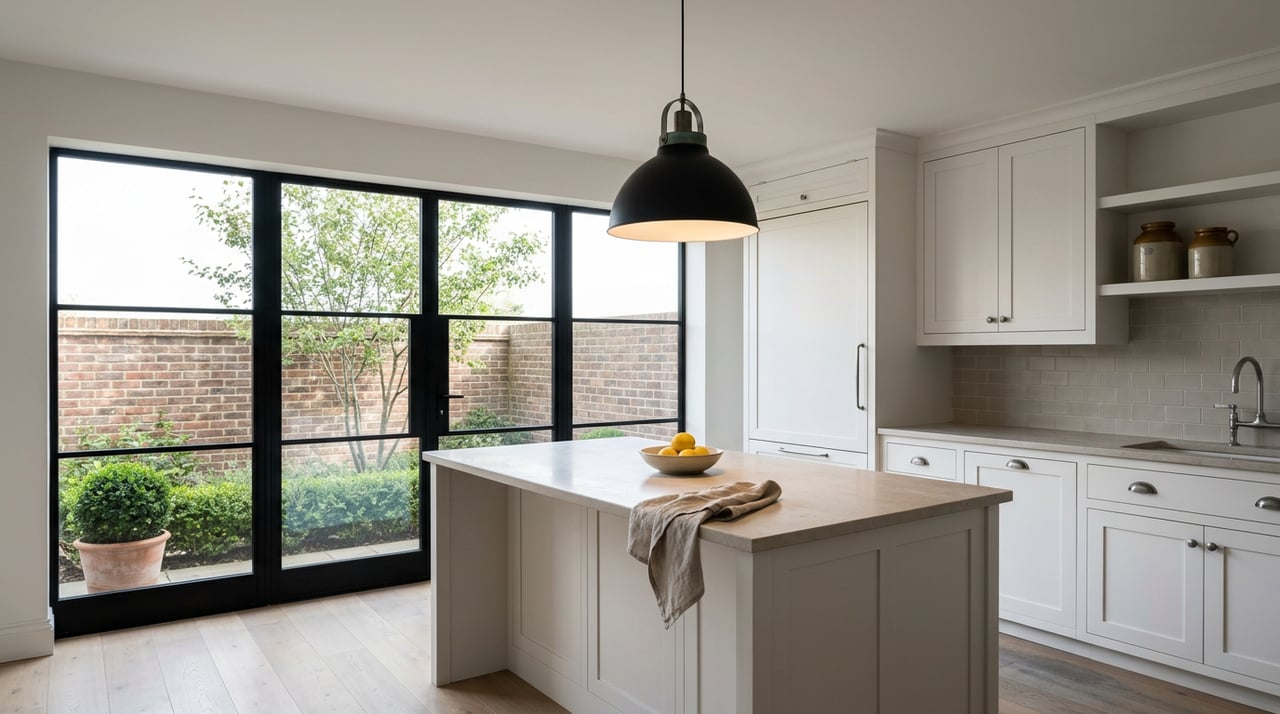 Bright kitchen with a pale stone island, black-framed windows, and a walled garden beyond.