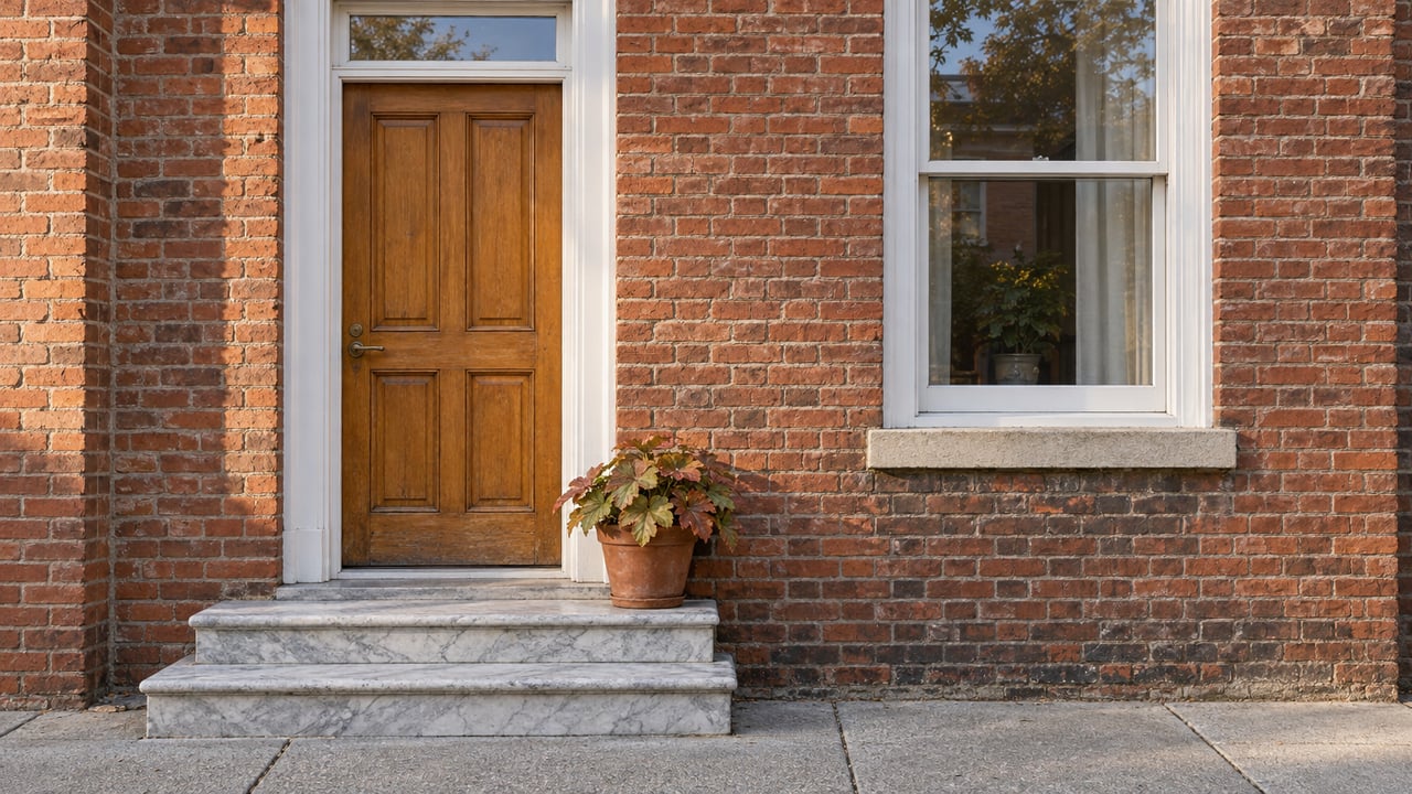 Red-brick home entrance with a warm wood door, white-trimmed window, worn marble steps and one terracotta planter.