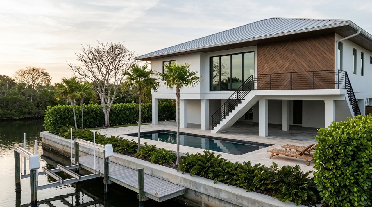 Elevated stucco canal home with a dark-tiled pool, silvered dock, empty boat lift, and tropical planting.