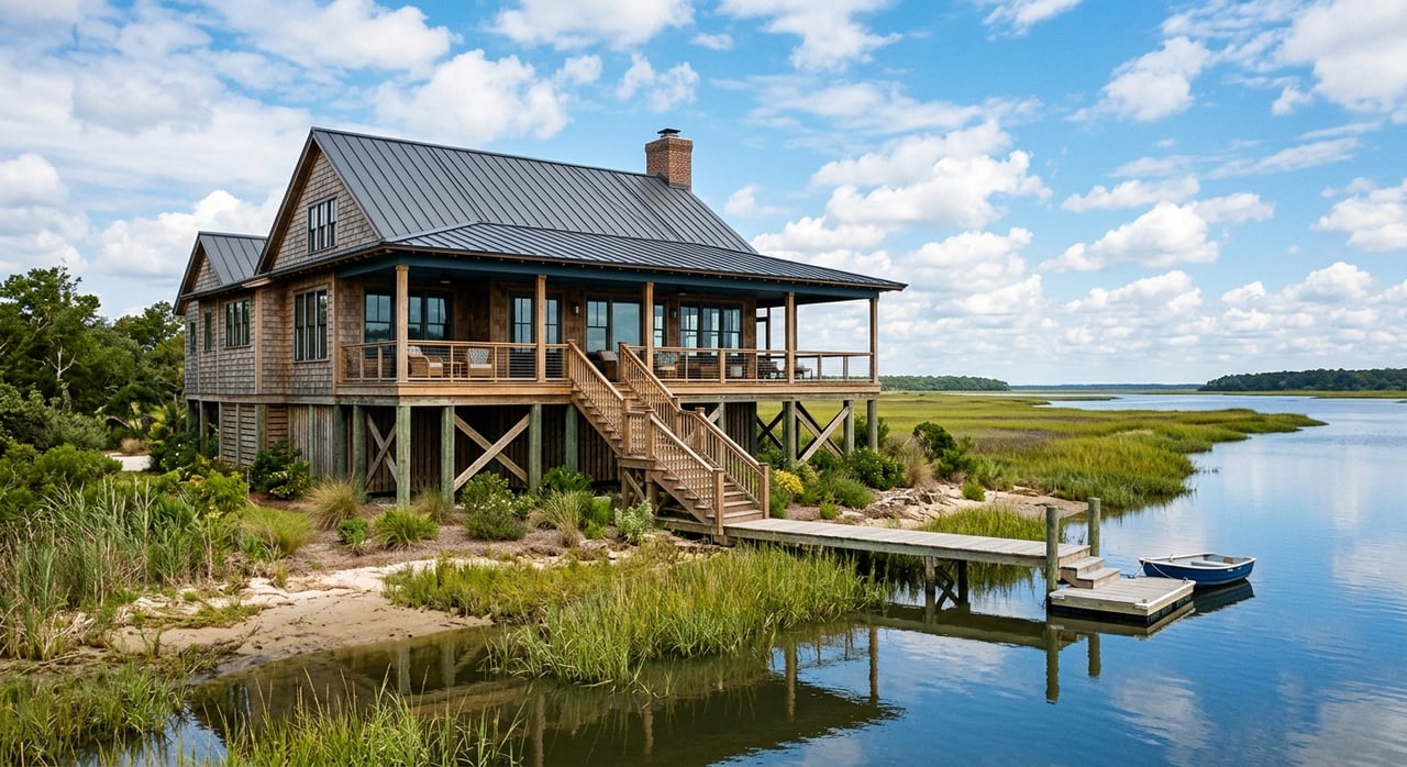 Raised sea-glass blue waterfront home on timber pilings beside a short dock with a built-in bench.