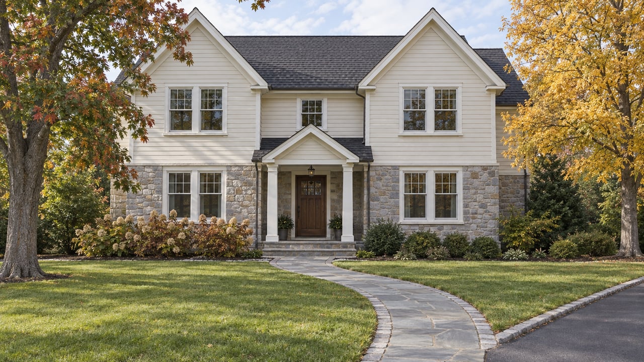A light-sided two-story home with dark gabled roofs, stone accents and a deep green front lawn framed by mature oak and maple trees.