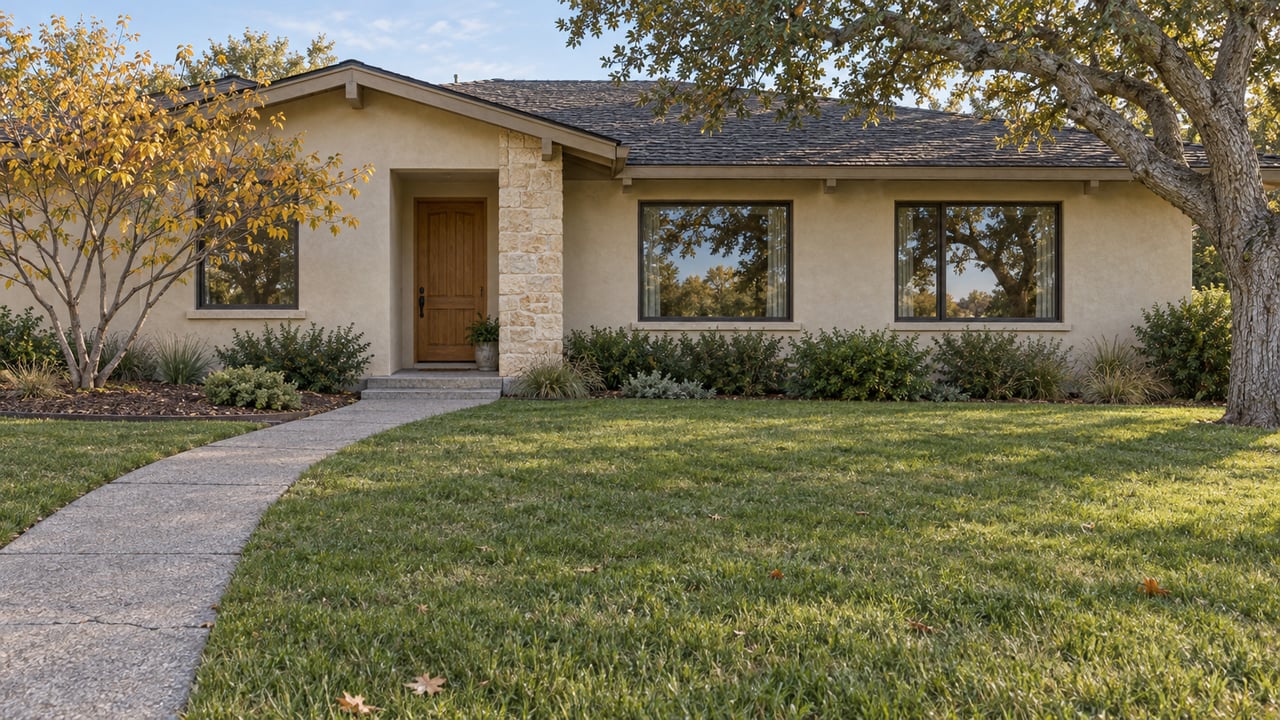 A low cream-stucco home with a limestone entry, a broad front lawn and a mature oak in warm afternoon light.