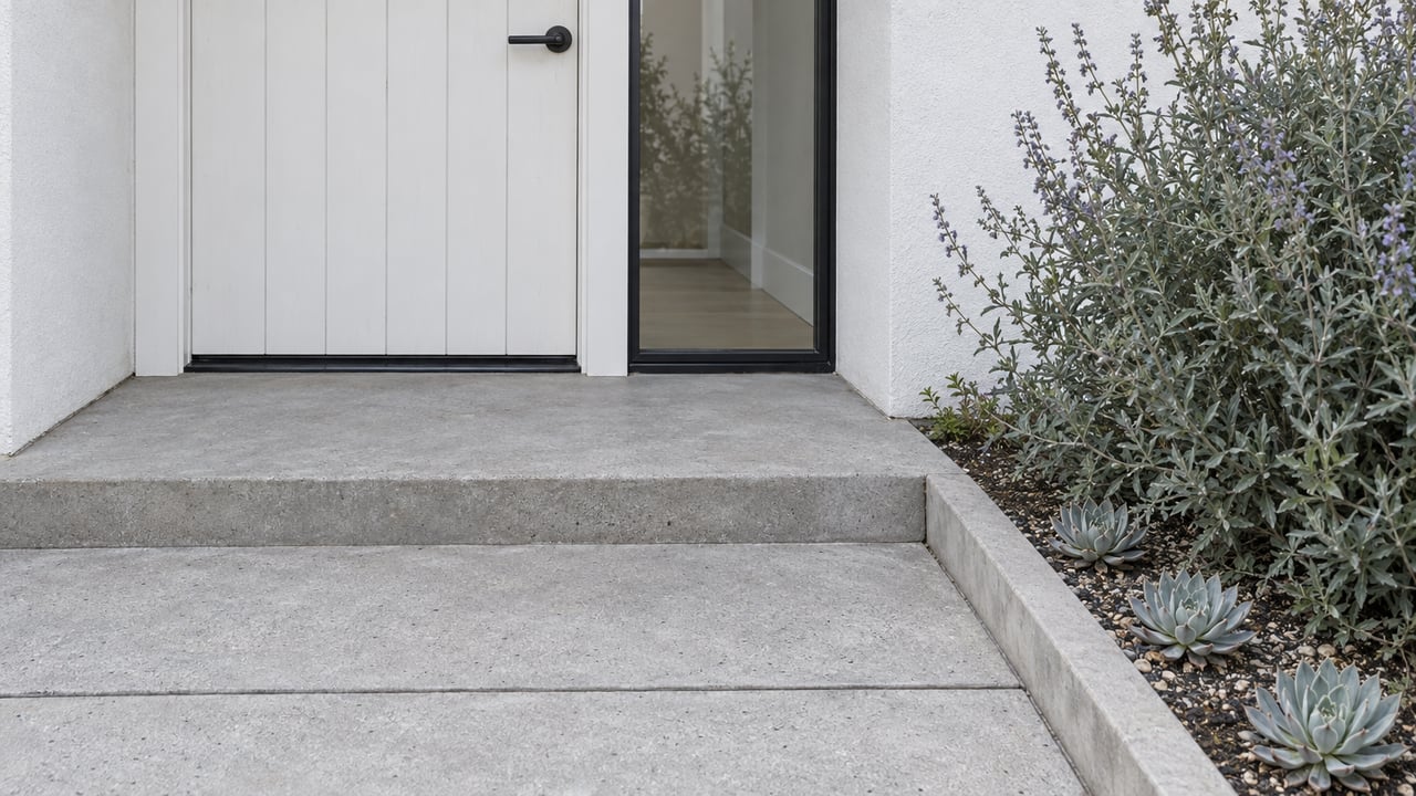 White paneled entry door and black-framed sidelight above a pale concrete step, beside silver-green sage and chalky succulent rosettes.