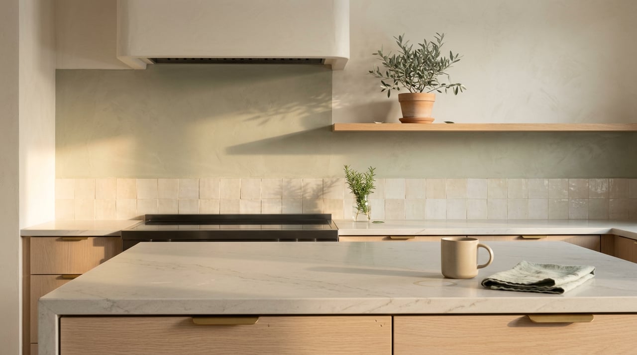 Kitchen island with pale oak drawers, brass pulls, plaster range hood, zellige tile, and an olive tree on the shelf.