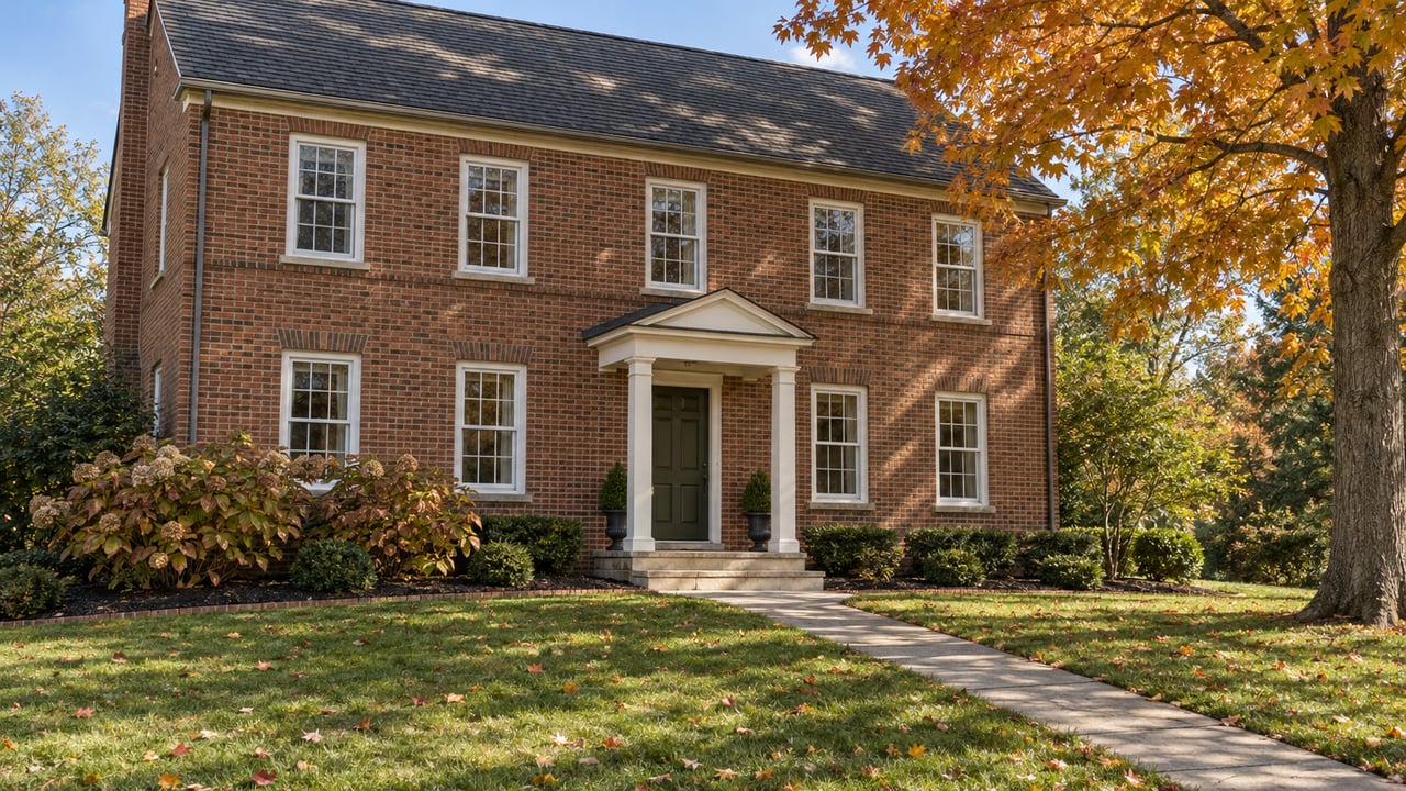 Autumn light on a two-story brick home with white sash windows, an olive entry door, limestone steps and a deep lawn beneath an orange-gold sugar maple.