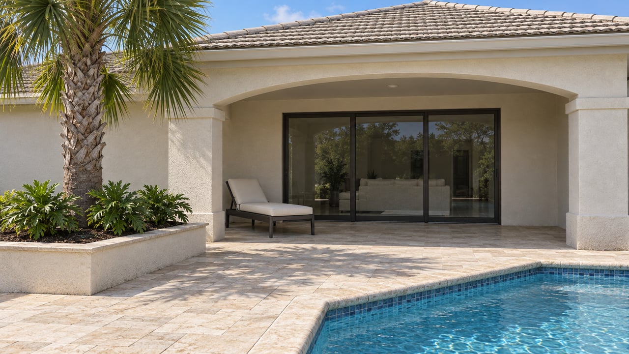 White stucco home with an arched covered patio, bronze-framed glass doors, pale stone pool coping, and a single palm.