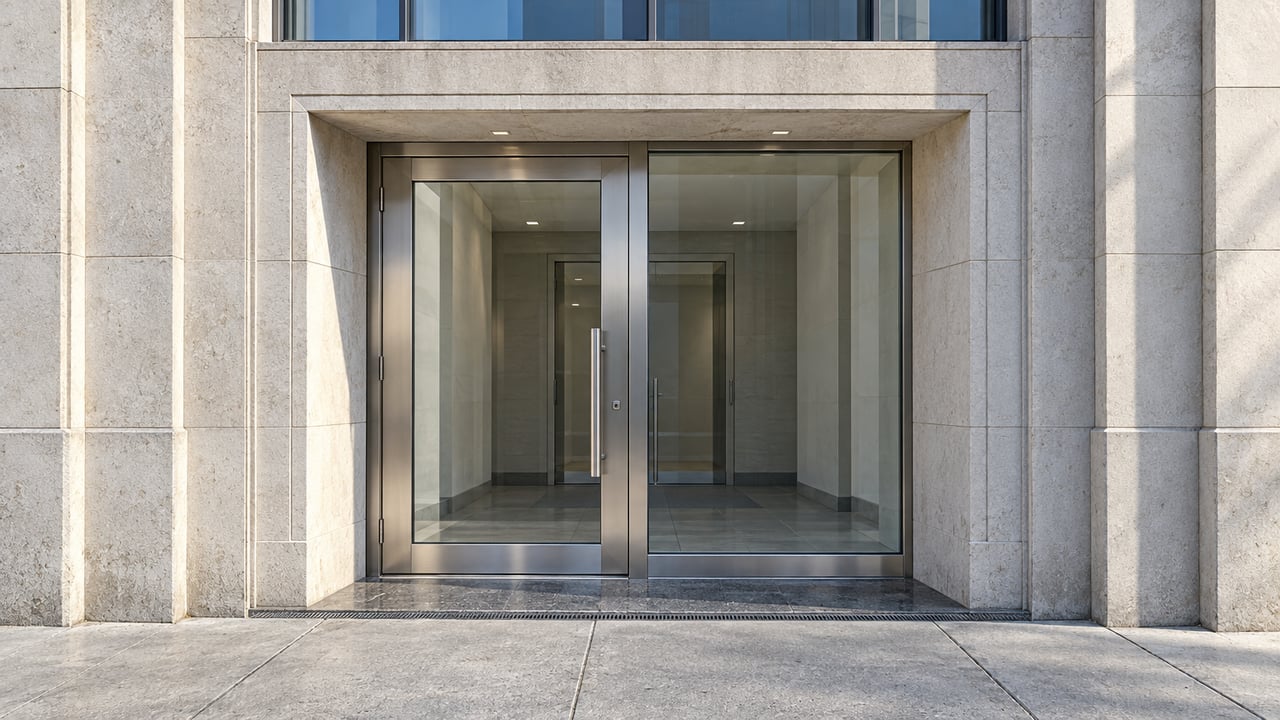 Sunlit limestone residential entrance with stainless-steel framed glass, blue-tinted upper windows and a worn granite threshold.