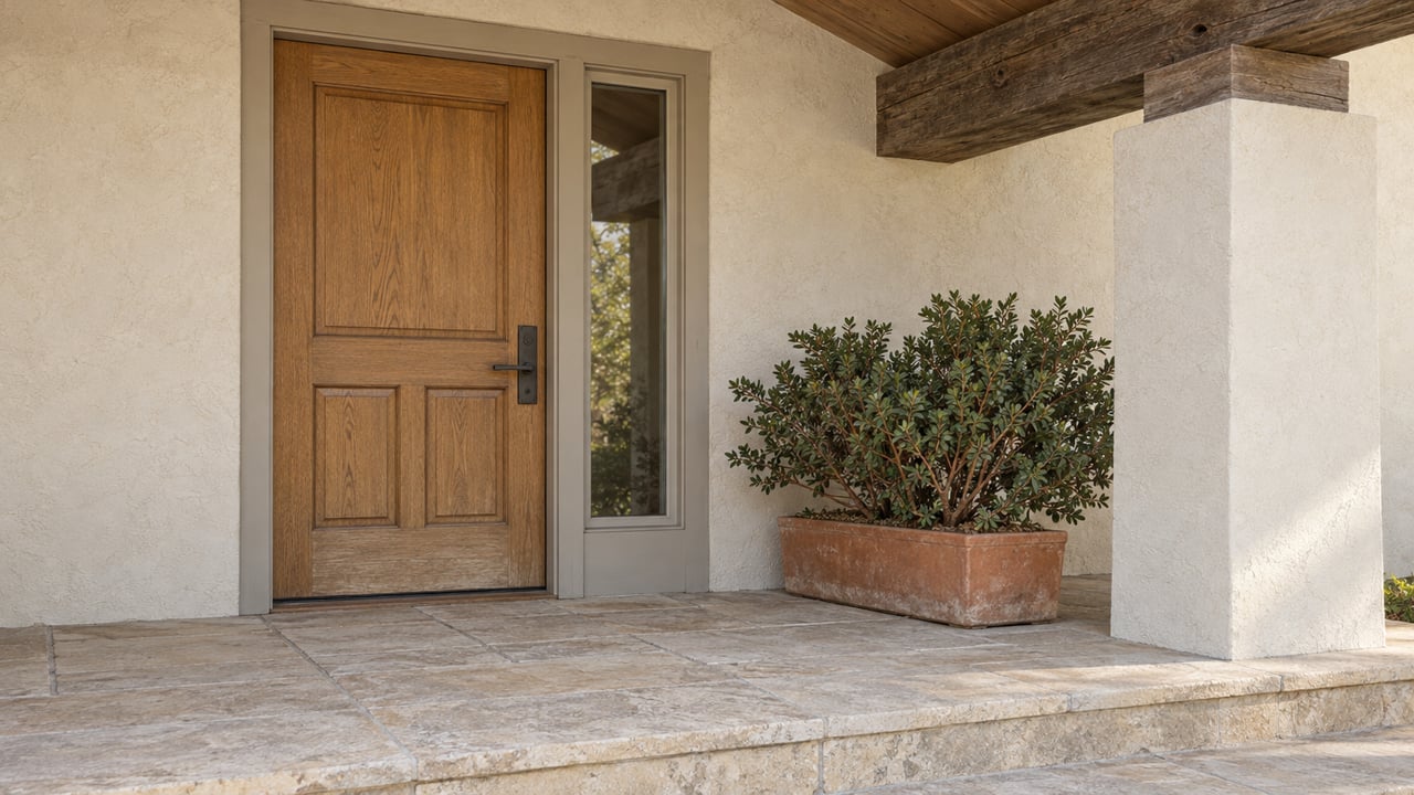 Sheltered entry with a paneled oak door, cream plaster, pale stone steps and a terracotta planter holding a branching manzanita.