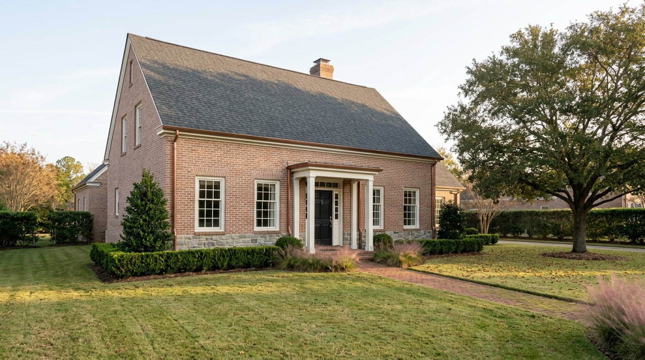 Two-story red-brown brick home with steep gables, dormers, and a diagonal brick walk across the lawn.