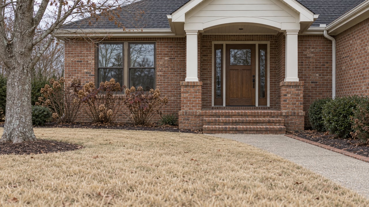 Brick home entry with an ivory porch gable, oak front door, dormant lawn and oakleaf hydrangeas in soft winter daylight.