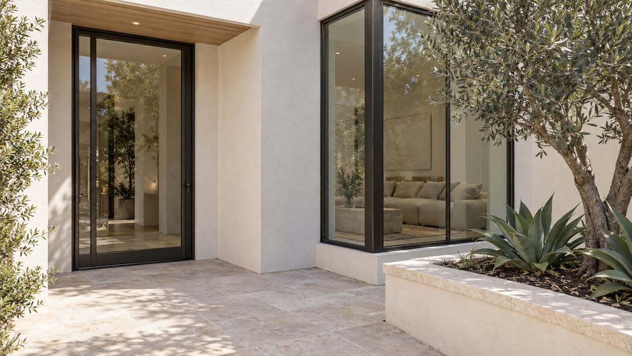 Off-white coastal house with bronze-framed glazing, limestone paving, and an olive tree in a low planter.