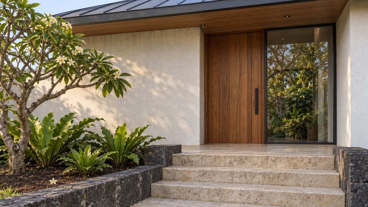Warm wood entry beneath a broad eave, with pale plaster, basalt stair walls and a flowering plumeria beside stone steps.