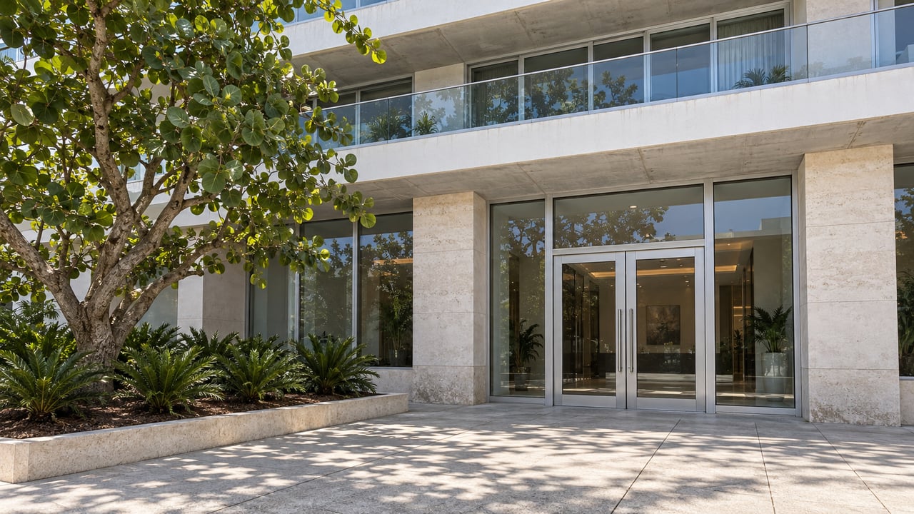 Sunlit glass-and-stucco condominium entrance with limestone piers, broad balconies, and a sculptural sea grape tree beside the paved approach.
