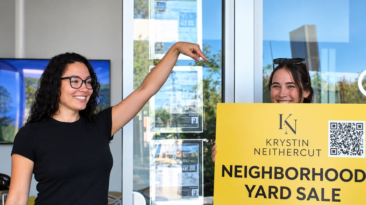 Two women promote a neighborhood yard sale beside a yellow Krystin Neithercut sign.