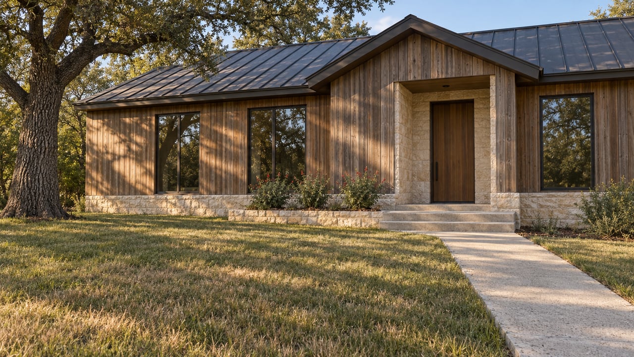 Timber-clad gabled home with limestone entry, tall windows, and a concrete walk across a shaded front lawn.
