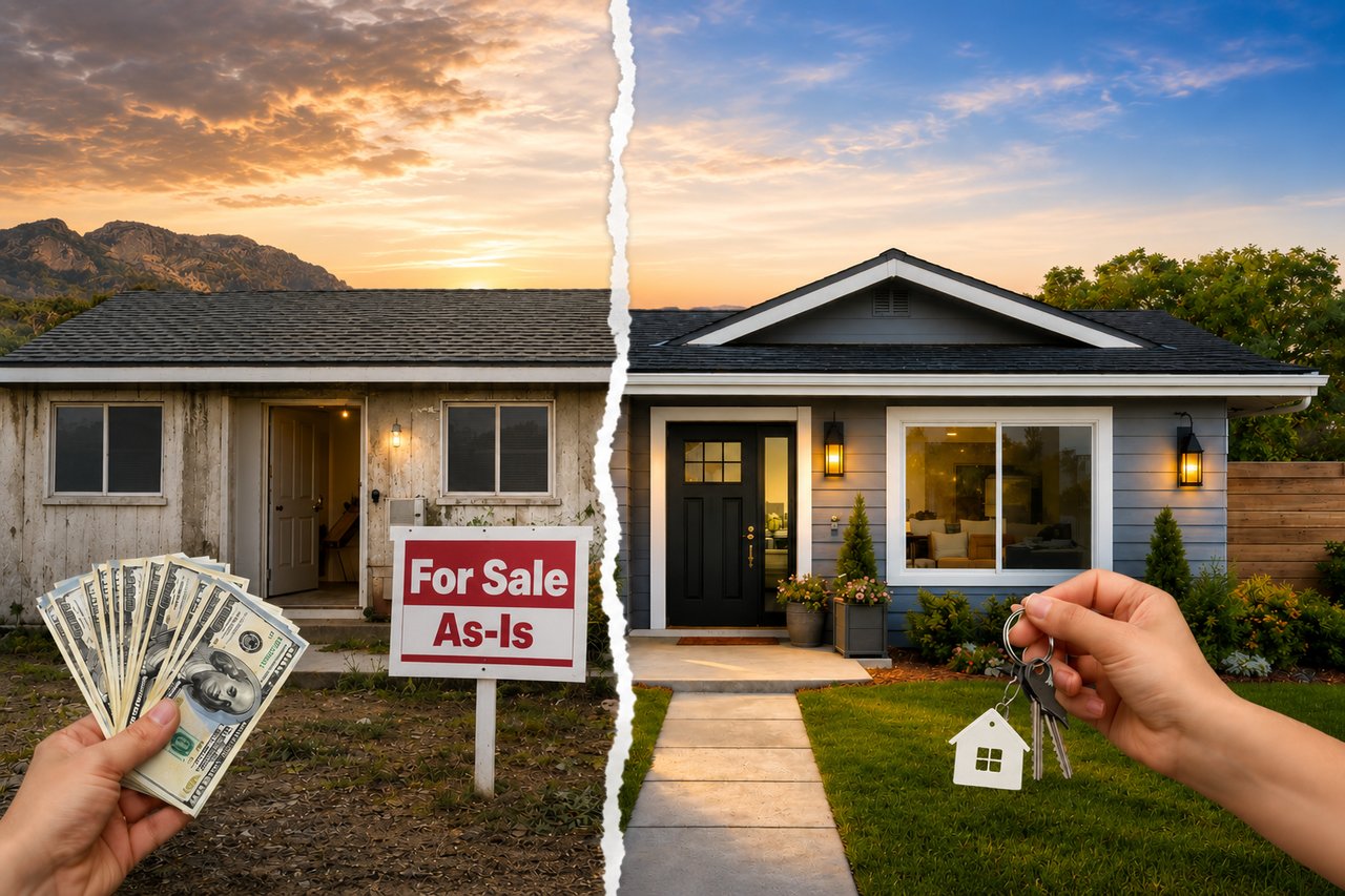Split image of an as-is home and updated home in Prescott Valley with a For Sale As-Is sign and house keys.