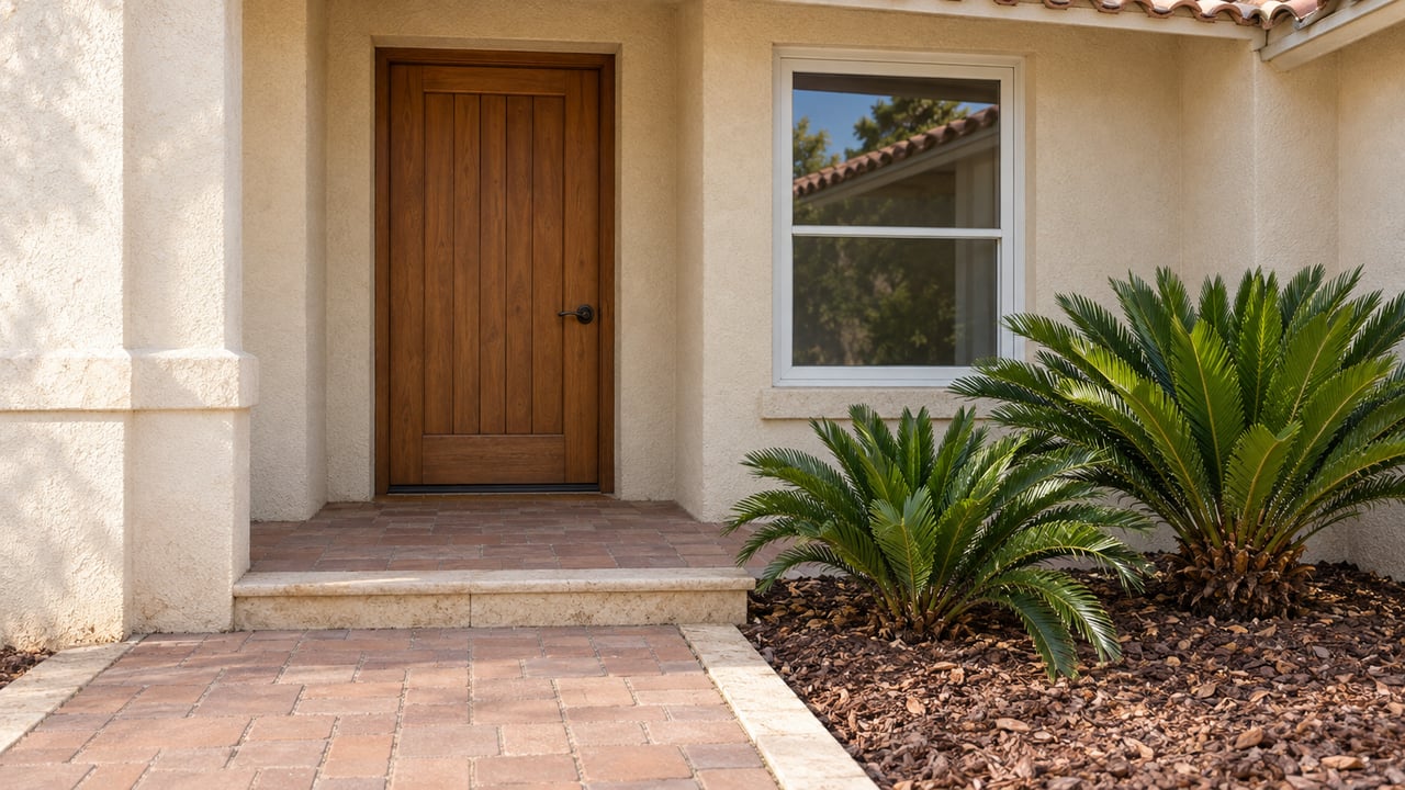 Recessed stucco home entrance with a timber door, salmon clay pavers and two coontie plants beside a limestone-edged bed.