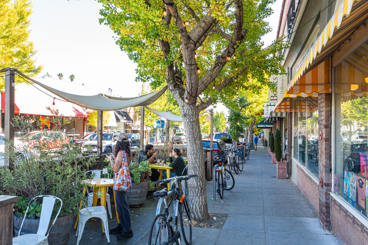 East Bay sidewalk café beneath leafy trees, with storefronts and bicycles along the street.