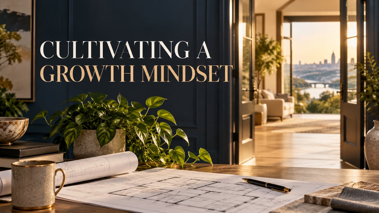Cultivating a Growth Mindset, over a desk with a floor plan and a view of the city.