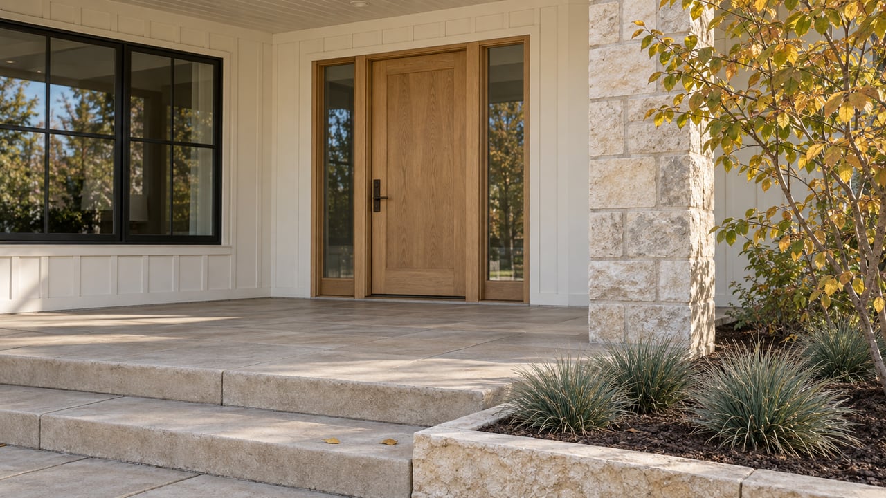 Autumn morning light on an oak front door with glazed sidelights, a limestone porch support, broad stone-colored steps and golden serviceberry leaves.