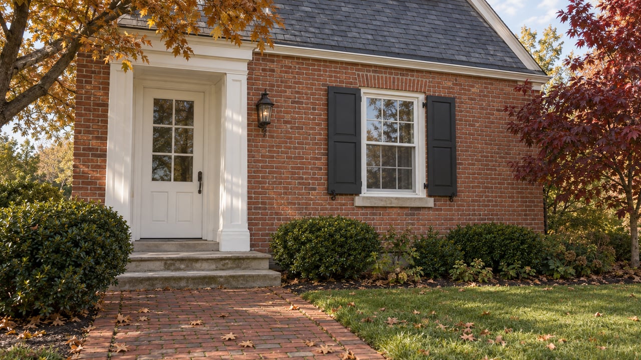 Red-brick two-story house with a recessed white door, shuttered window, stone steps, and russet autumn trees.