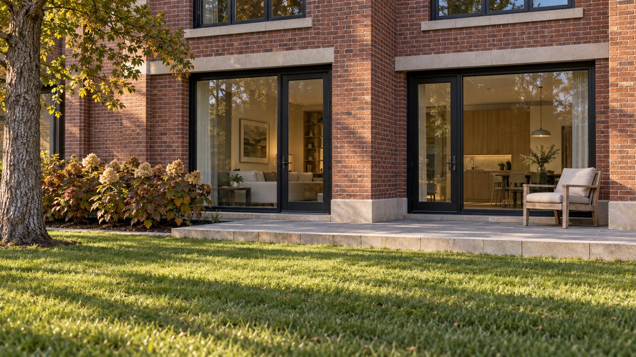 Red-brick condominium windows and a recessed stone terrace beside a lawn, with an oak tree and autumn oakleaf hydrangeas.