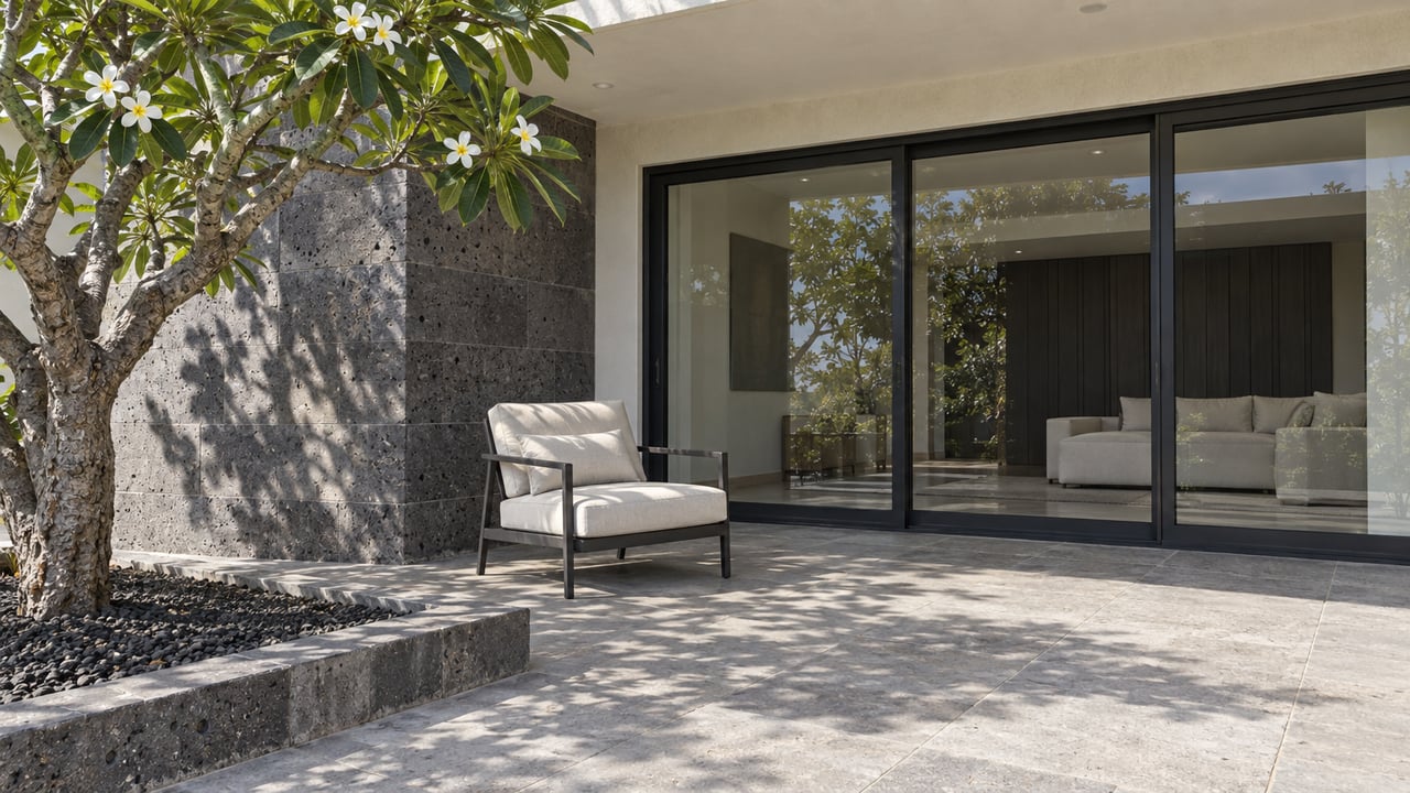 Stone terrace beside a white stucco villa, with dark-framed glass doors, a cream lounge chair and a flowering plumeria tree in a raised-edge planting bed.