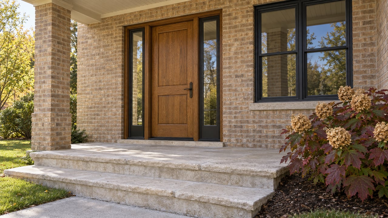 An oak front door with paired glass sidelights beneath a covered brick entry, with limestone steps and autumn oakleaf hydrangea.