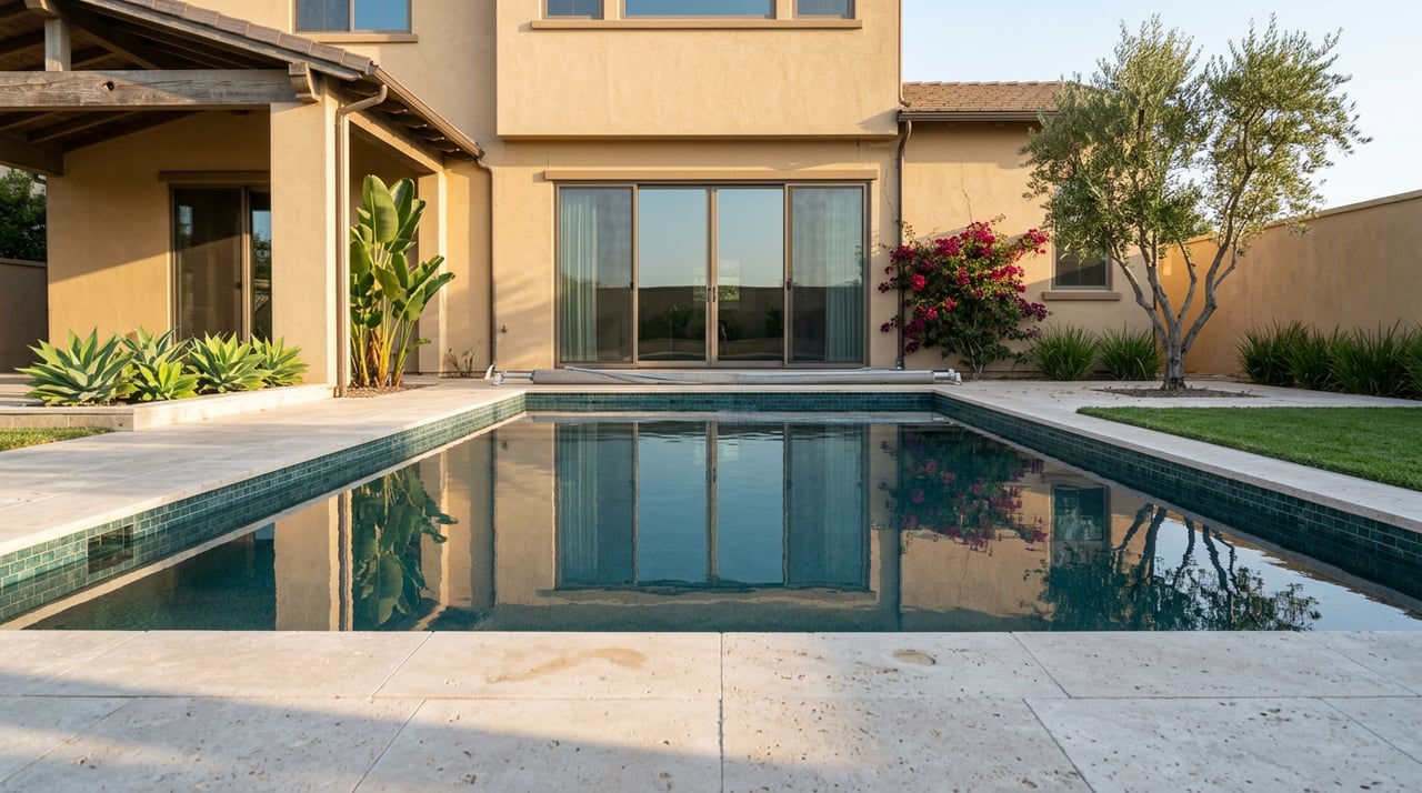 Rectangular pool reflects a two-story stucco home, bordered by travertine decking, lawn, and magenta bougainvillea.