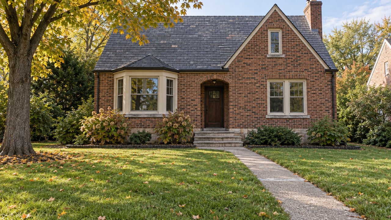 An older russet brick house with limestone trim, a slate roof and a deep front lawn beneath golden autumn maple leaves.