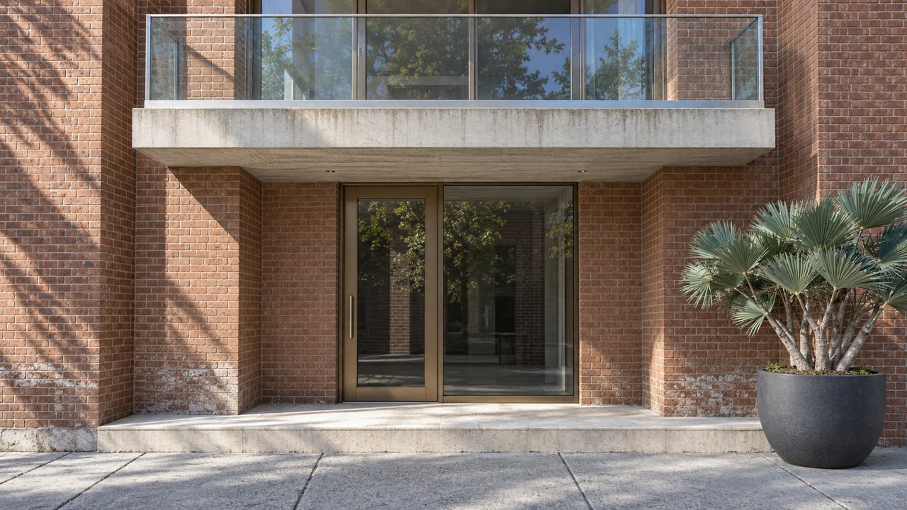 Warm brick residential entrance beneath a glass balcony, with a pale stone step and a sculptural fan aloe in a charcoal planter.