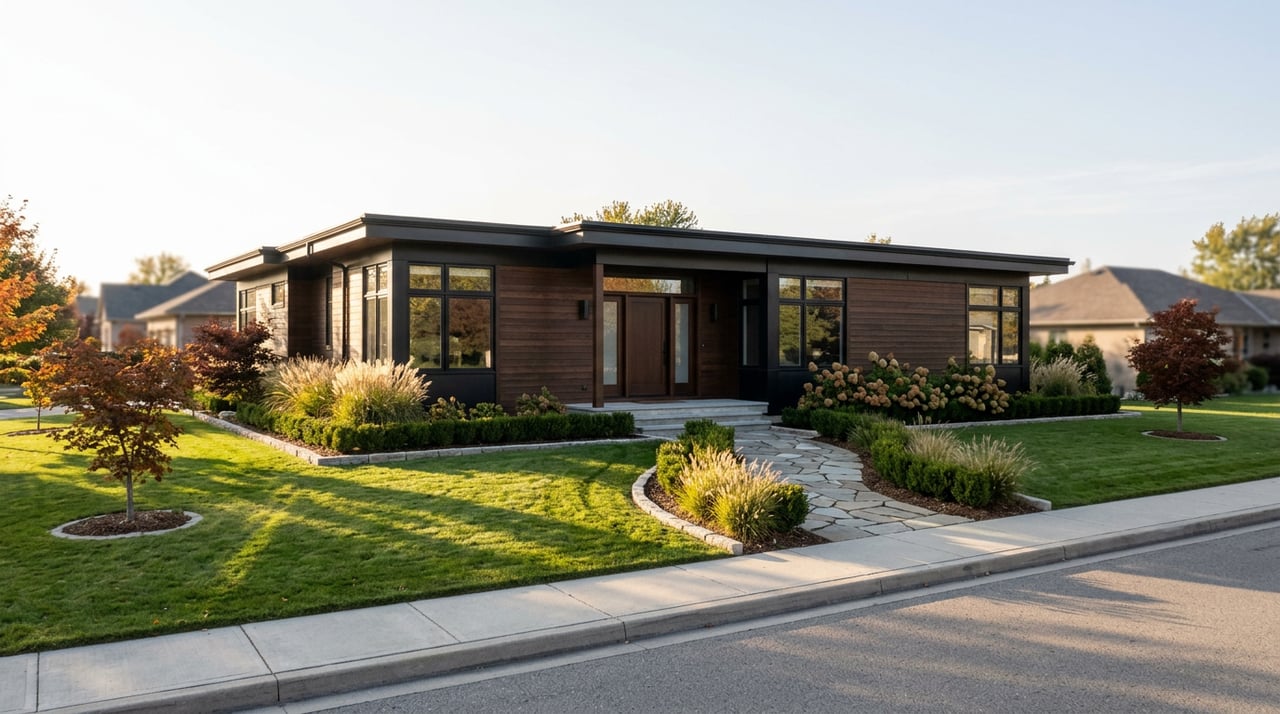 Modern single-story home with dark wood siding, flat roof, and curved flagstone path across lawn.