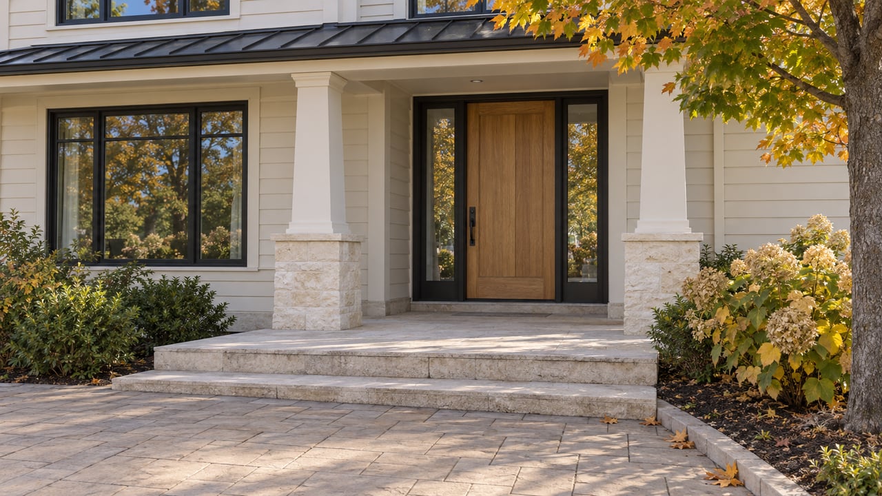 Covered home entry with cream lap siding, an oak door, limestone steps and autumn maple foliage.