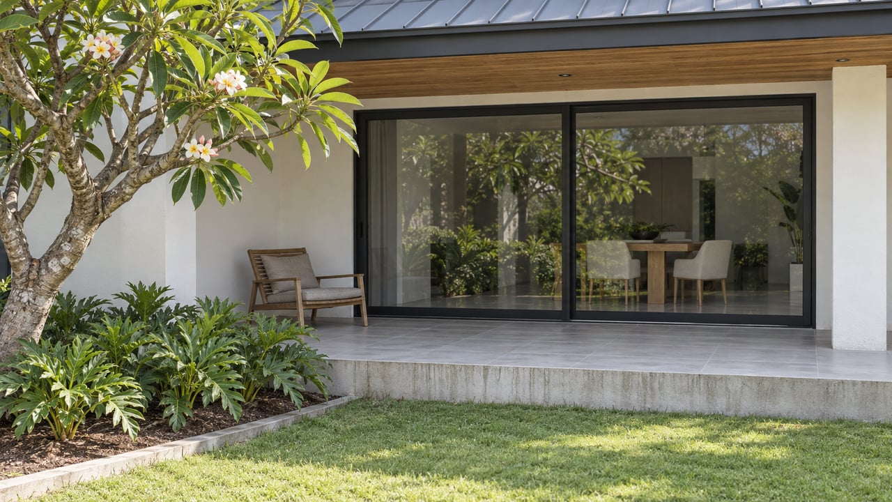 Modern white home with shaded timber-soffit terrace, glass sliding doors and a flowering frangipani beside a raised tiled patio.