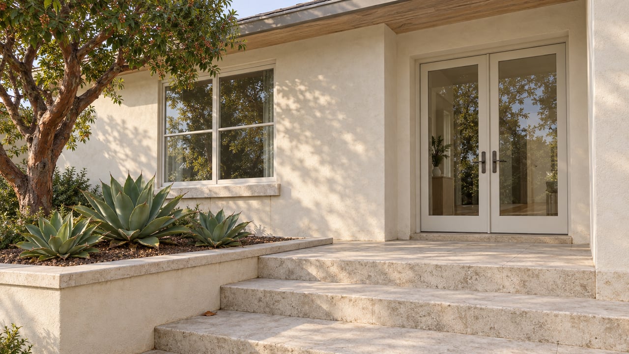 Cream stucco home with glazed French entry doors, pale limestone steps, a sculptural strawberry tree and three foxtail agaves.
