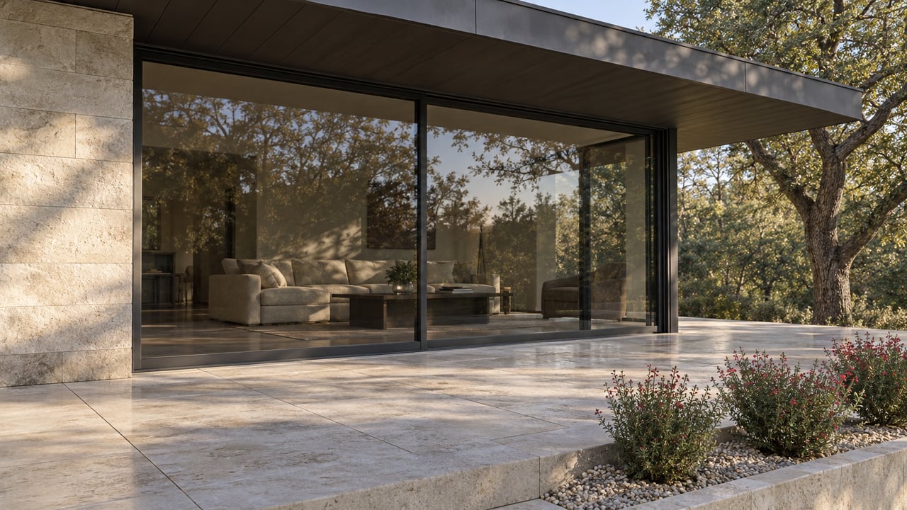 A limestone terrace beside closed charcoal-framed glass doors, with a mature oak and a stone-edged planting bed in soft morning light.