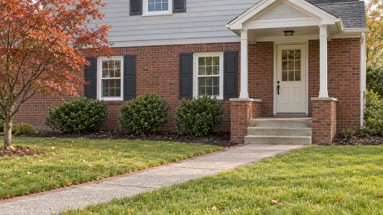 Brick and light-gray sided split-level entry with worn concrete approach, white-trimmed windows and a copper-red Japanese maple.
