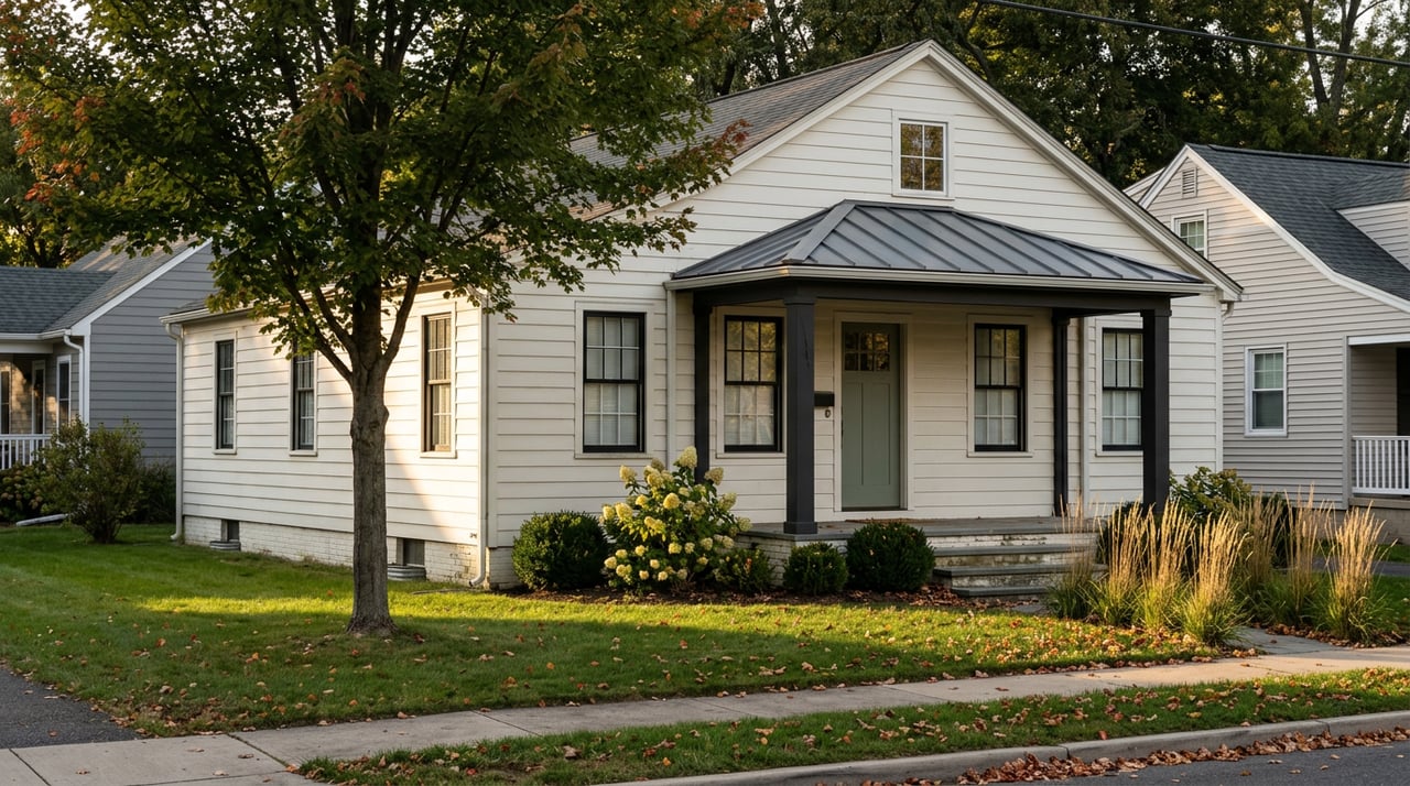White-sided home with a sage green door, dark porch roof, and maple leaves scattered across the lawn.