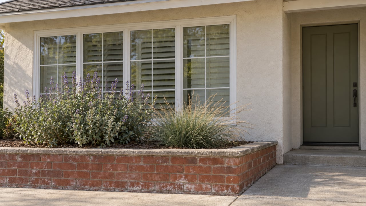 Off-white stucco home facade with a divided-light window, olive front door, and raised brick planter beside a concrete walk.
