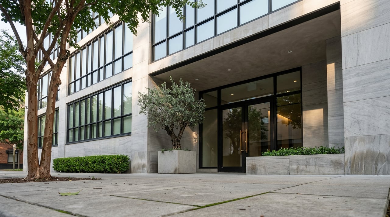 Glass tower entry with a stone planter, olive tree, clipped hedge, and crape myrtle along the sidewalk.