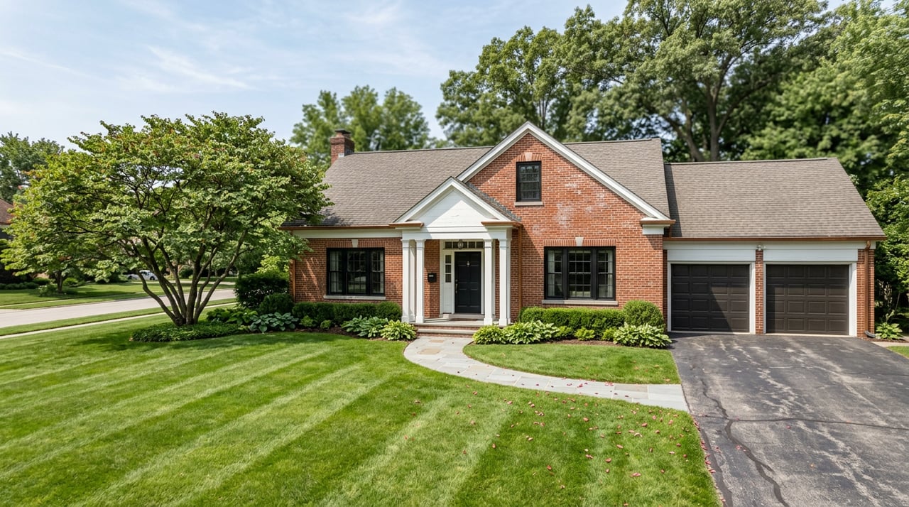 Brick colonial with a white portico, two-car garage, striped lawn, and curved bluestone walkway.