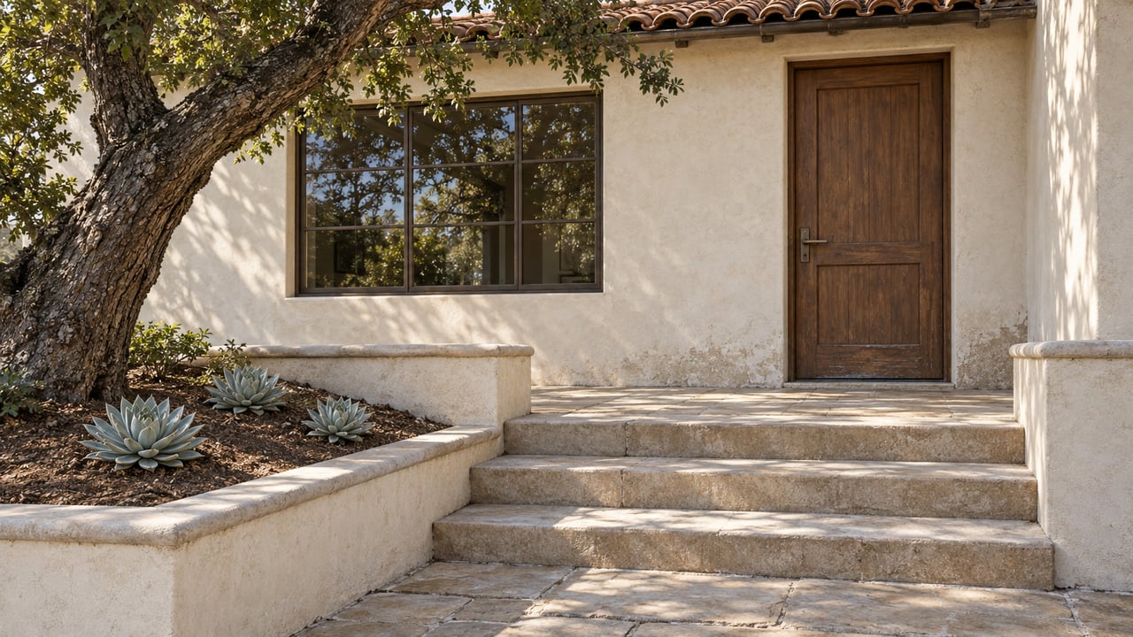 A warm ivory stucco house with clay roof tiles, a timber door, and sandstone entrance steps beside a mature oak and three chalky succulent rosettes.